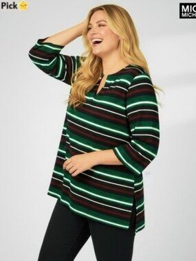 MICHAEL MICHAEL KORS Striped Tunic Top 3/4 Sleeve Split V-Neck 2X – NWT